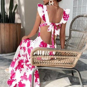 pink floral butterfly sleeve ruffle hem tie back dress